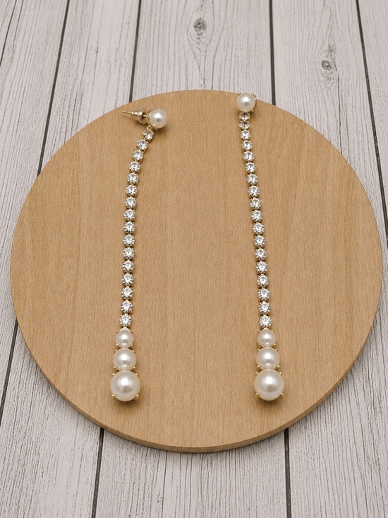 Jewelry - Pearl & Crystal Linear Drop Earrings - Silver Tone